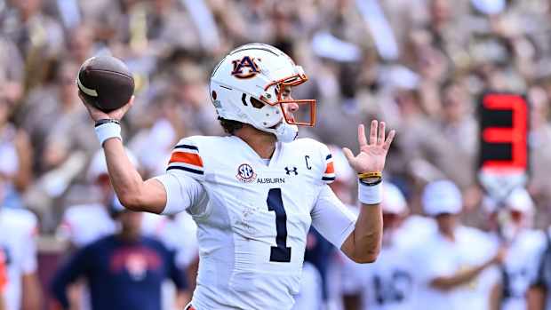 Sep 23, 2023; College Station, Texas, USA; Auburn Tigers quarterback Payton Thorne (1) looks to throw the ball during the first quarter against the Texas A&M Aggies at Kyle Field. Mandatory Credit: Maria Lysaker-USA TODAY Sports  
